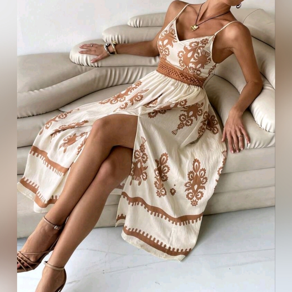 New Boho Floral Print Split Hem Cami Dress Cream Tan - Picture 3 of 9